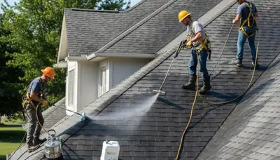 Brooklyn, NY roof cleaning service removing algae, moss, and debris from a residential roof