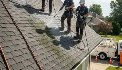 Brooklyn, NY roof cleaning service removing algae and debris from a residential roof
