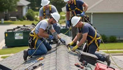 Brooklyn, NY roofing repair crew fixing storm damage on a residential roof